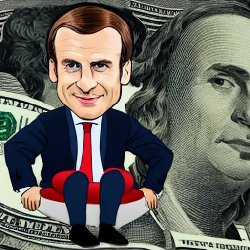 Image similar to Emmanuel Macron sitting on a huge pill of money, cartoon, white background