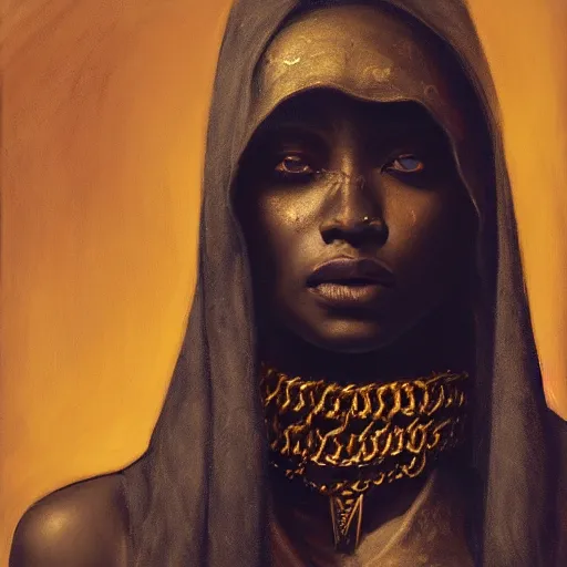 Image similar to a portrait of a young black woman wearing a long dark cloak, hood and shadows covering face, holding golden chains, oil painting, matte painting, black background, Volumetric Golden dappled dynamic lighting, Highly Detailed, Cinematic Lighting, Unreal Engine, 8k, HD, by Beksinski