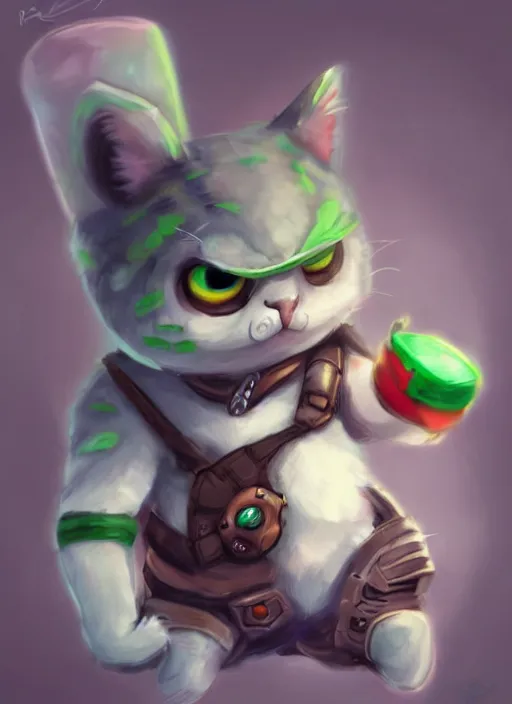 Prompt: grey american shorthair cat as teemo from league of legends, digital painting, artwork by ross tran + ramond swanland