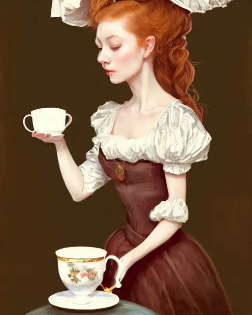Image similar to maid cafe pouring tea in ornate tea cup, perfect face, bonnet, elegant dress, ginger hair, cinematic, stunning, highly detailed, digital painting, artstation, smooth, hard focus, illustration, art by jessica rossier and and brian froud