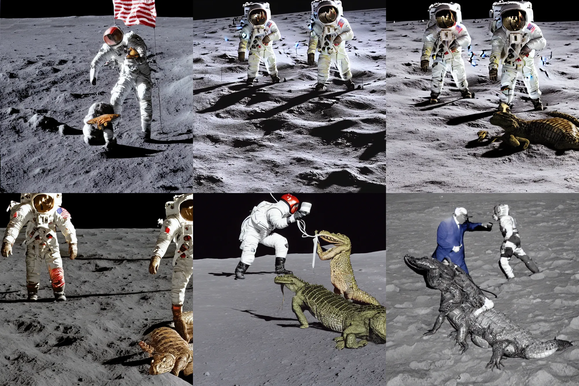 Prompt: high quality photo of Trump wrestling an alligator on the moon