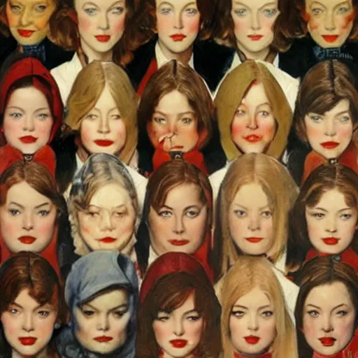 Prompt: Face portrait of Emma Stone\'s clones with various looks. Painting by Norman Rockwell.