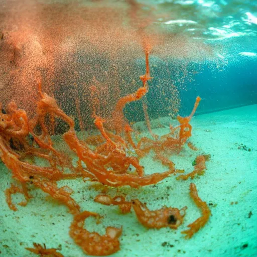 Prompt: an underwater photo a bag of young's scampi filled with mud