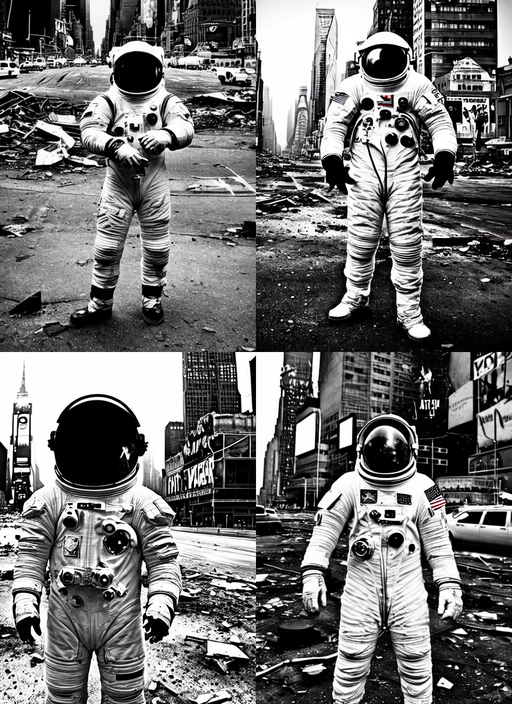 Prompt: american white spacesuit astronaut with oversized helmet in postapocalyptic abandoned destroyed times square, destroyed buildings, heavy vignette!, specks, dirty, stains, dramatic dark, grayscale 1 9 0 0 s picture