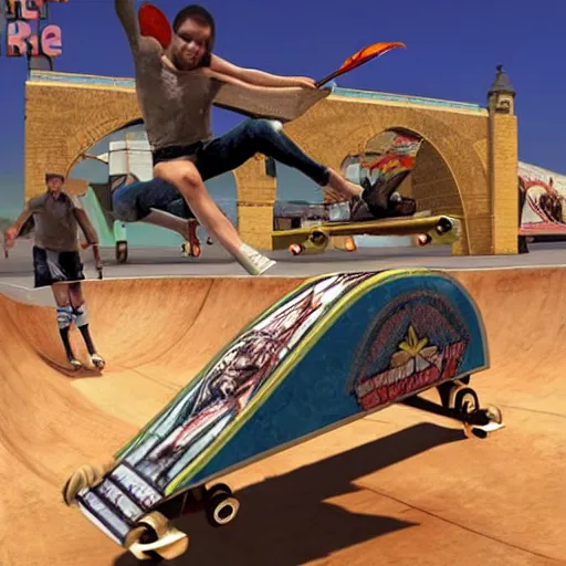 Prompt: roman chariot racing in a skate park half-pipe, tony hawk pro skater game cover