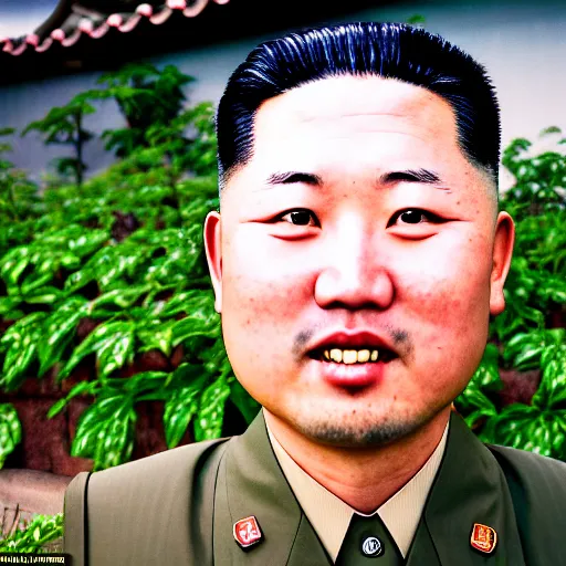 Prompt: colour araki nobuyoshi style close - up photography of detailed north korean kim chen with detailed smiling face, smelling detailed weed bush