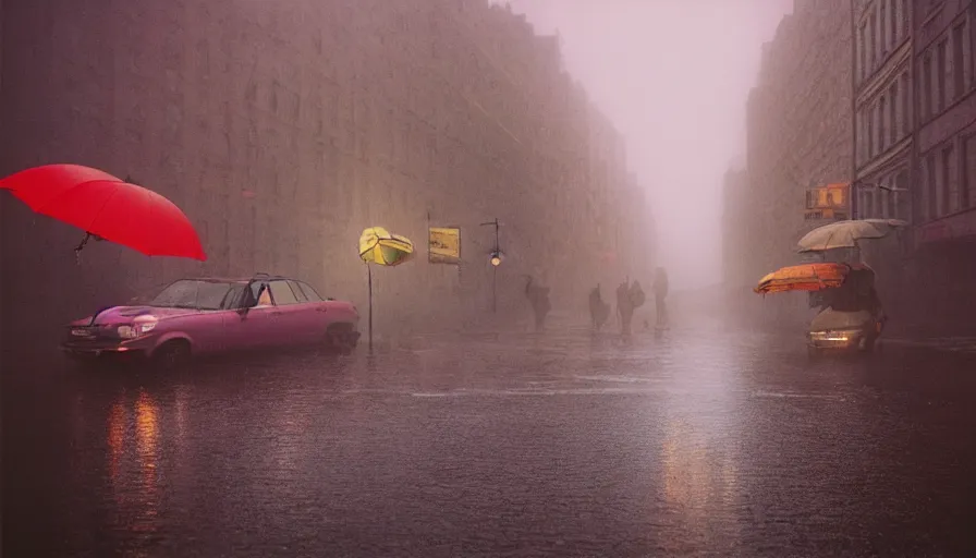 Image similar to gediminas pranckevicius street of new york photography, night, rain, mist, a umbrella pink, cinestill 8 0 0 t, in the style of william eggleston