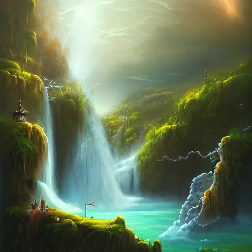 Prompt: a floating island with a waterfall flowing into a valley, stormy, landscape, fantasy, oil on canvas, Jeremiah Morelli, Tony Sart