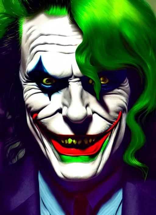 Image similar to portrait of tommy wiseau as the joker, green hair, intricate, elegant, glowing lights, highly detailed, digital painting, artstation, concept art, sharp focus, illustration, art by wlop, mars ravelo and greg rutkowski