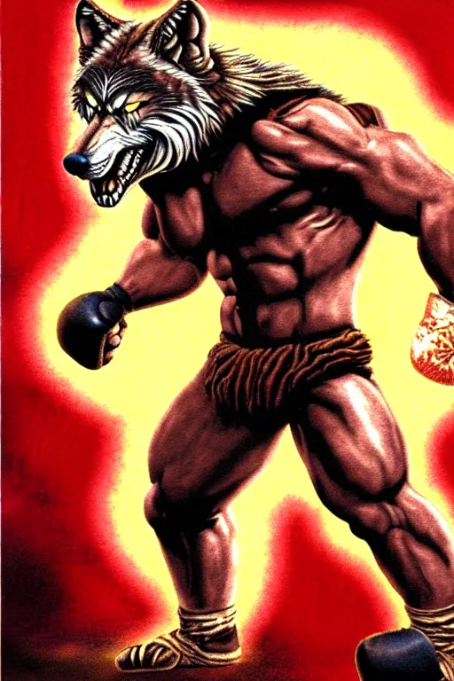Prompt: extreme long shot. 8 bit nes graphics. doom 2 graphics. antropomorphic muscular masculine wolf. kickboxer fighter in shorts. wolf head. art from nes game cartridge,