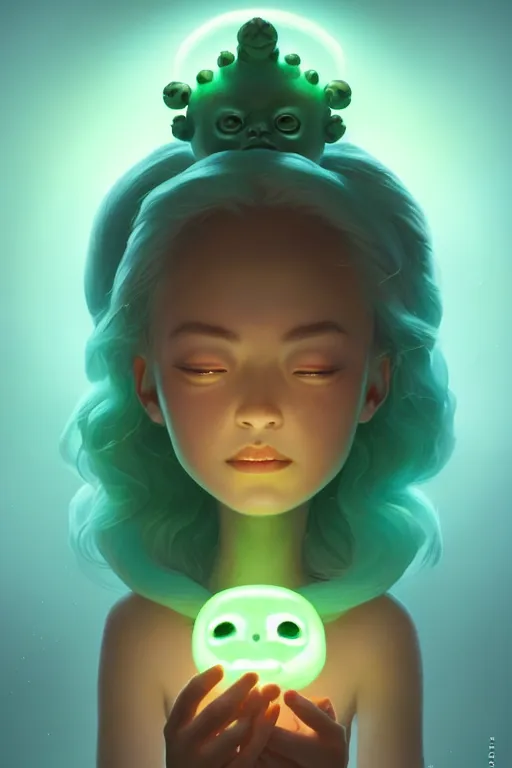 Image similar to super cute Bioluminescent earth deity character concept, only one face, soft light, soft mood, realistic body features and face, illustration, painting oil on canvas by Elena Zhurikhina and Goro Fujita and Charlie Bowater, octane render trending on artstation, 4k, 8k, HD