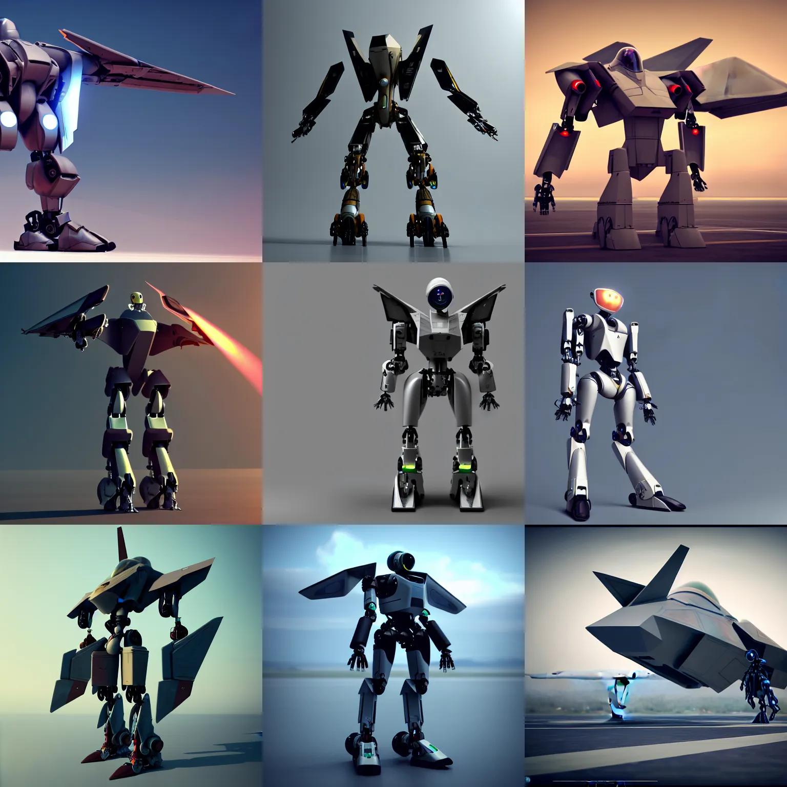 Prompt: anthropomorphic mecha with a human body plan but head replaced by an f - 2 2 canopy, aircraft wings on back, robot with a jet fighter cockpit head, furaffinity, cgsociety, octane render