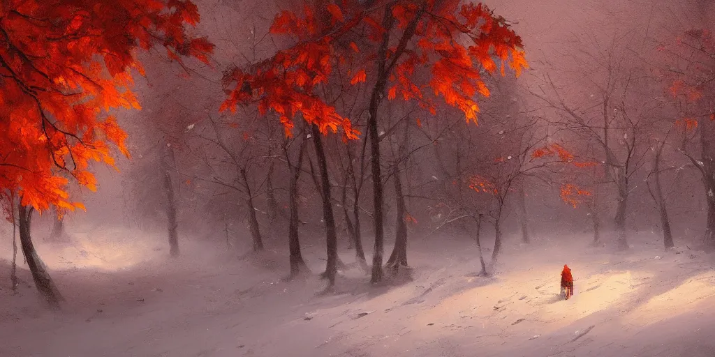 Image similar to A beautiful oil painting of a valley covered in snow, trees with red and orange leaves, yellow lighting, gloomy, atmospheric lighting, detailed, by greg rutkowski, trending on artstation