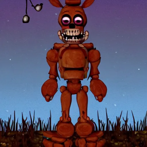 Prompt: creepy ruined abandoned fnaf character, fnaf animatronic rising from the lagoon at night, creepypasta, lamps in the night sky