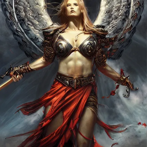 Image similar to the wrath of the warrior angel by raymond swanland, highly detailed, bright tones