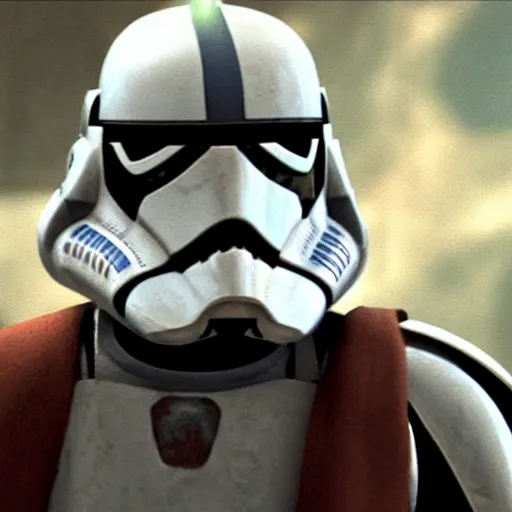 Image similar to clone trooper with his helmet off talking to Obi-Wan Kenobi