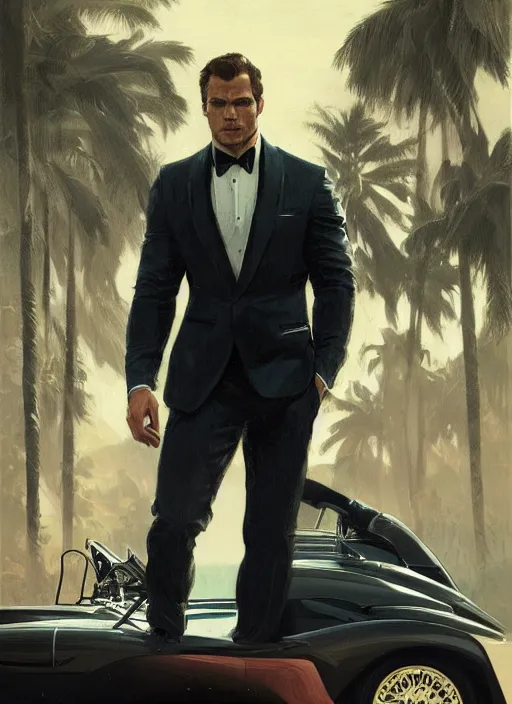 Image similar to portrait of henry cavill as james bond, key art, palm trees, vintage aston martin, highly detailed, digital painting, artstation, concept art, cinematic lighting, sharp focus, illustration, by gaston bussiere alphonse mucha