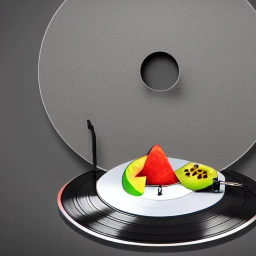 Prompt: concept design of vinyl turntable kiwi vinyl record in shape of huge kiwi fruit, 4 k, unreal render, by blender guru, vibrant colors