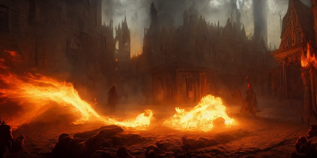 Image similar to A view of a mage casting fire magic in Elizabethan era town, Elden Ring, foggy, volumetric light, hyperdetailed, cinematographic, wide angle camera, Artstation, unreal engine