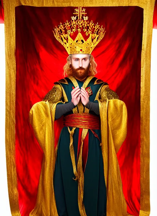 Image similar to 'Portrait of Crowned King Arthur' royally decorated, whirling plasma, atmospheric motes, red and gold Sumptuous garb, gilt silk fabric, radiant colors, fantasy, perfect lighting, studio lit, micro details,