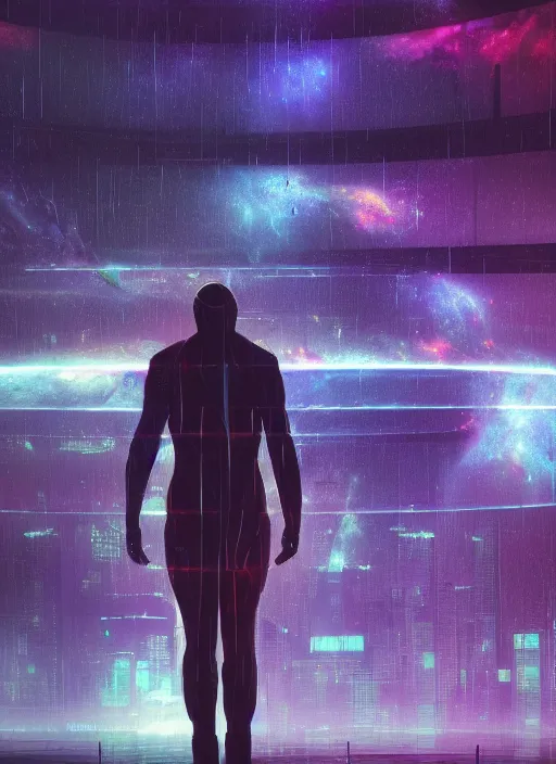 Image similar to one cyber godly person made of cosmic nebula galaxy energy watching a rainy colorful dark complex cyberpunk futuristic city from behind at night through a window in a room, reflections, high contrast, 8 k, photorealistic, concept art, wet, highly detailed, cinematic mood by ridley scott, ghost in the shell, trending on artstation, glowing lights, sharp focus, epic