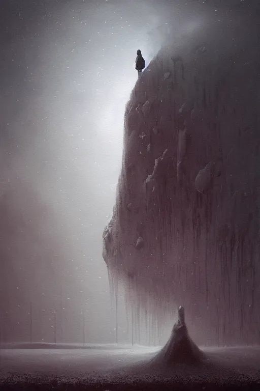 Image similar to a painting of a person standing in the snow, a surrealist painting by zdzisław beksinski and by alena aenami, deviantart, nuclear art, dystopian art, apocalypse landscape, surrealist