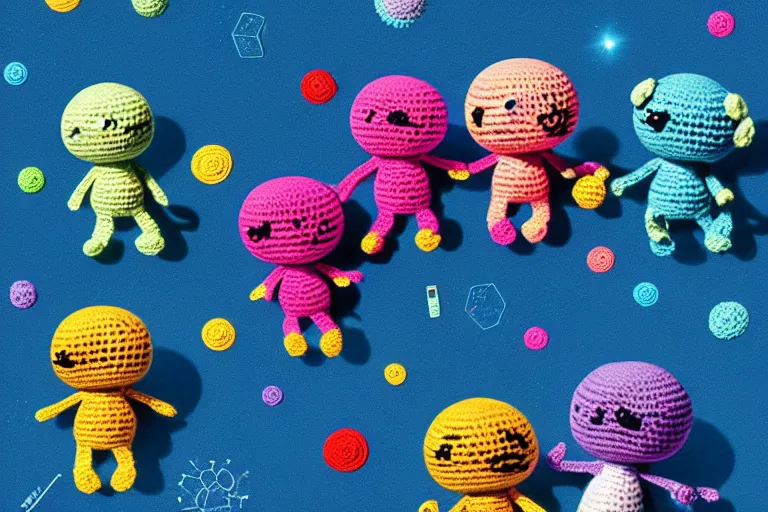 Prompt: a group of three crochet cute astronauts climbing a yarn wall. cute, illustration, digital art, inspired by little big planet, by greg rutkowski, detailed, sharp, masterpiece, highly detailed, photorealistic, octane render, 8 k, unreal engine 5, trending on artstation, vivid colors