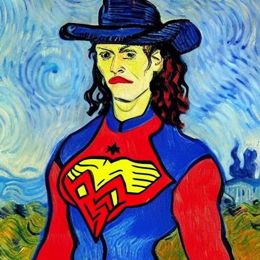 Image similar to Portrait painting of modern Vincent Van Gogh but in a Wonder Woman costume cosplaying as Gal Godot Wonder Woman Superhero by Claude Monet, original Post Impressionist art