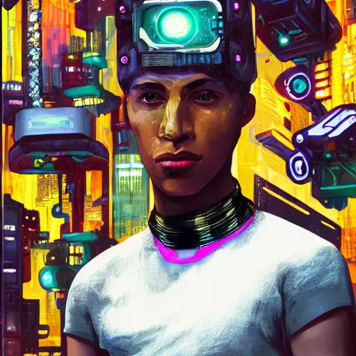 Prompt: in the style of max prentice a portrait of a young and charismatic mixed race man wearing a cyberpunk headpiece, surrounded by futuristic devices, highly detailed