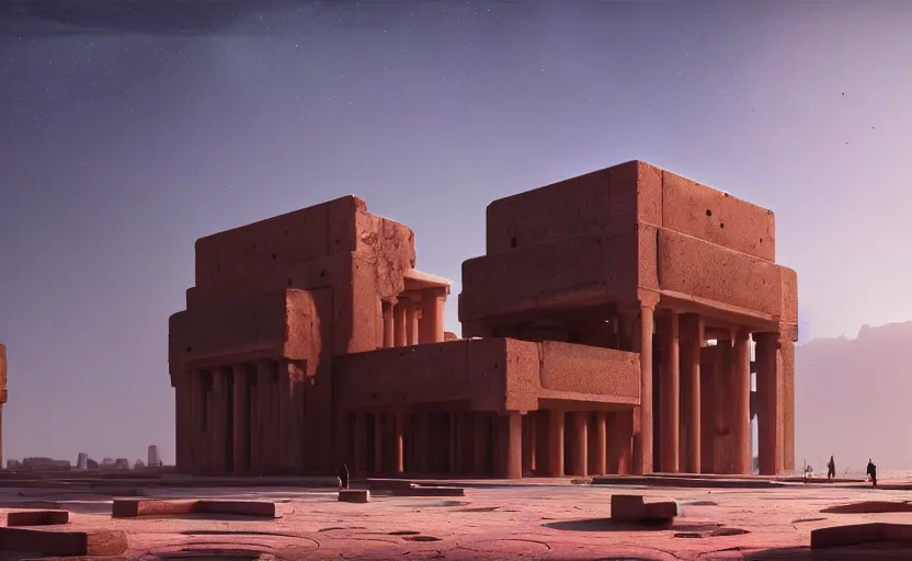 Image similar to exterior shot of utopian ancient persian architecture with cinematic lighting by zaha hadid peter zumthor and renzo piano, darek zabrocki and greg ruthkowski, simon stalenhag, cinematic, holy place, paradise, scifi, futurism, atmospheric, concept art, artstation, trending on artstation