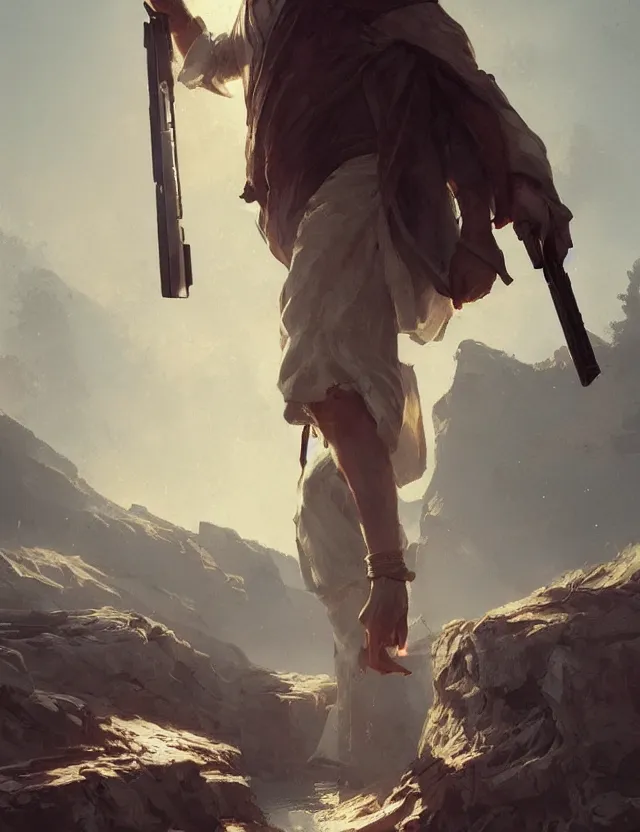 Prompt: jesus with a shotgun, cinematic lighting, highly detailed, concept art, art by wlop and artgerm and greg rutkowski, masterpiece, trending on artstation,