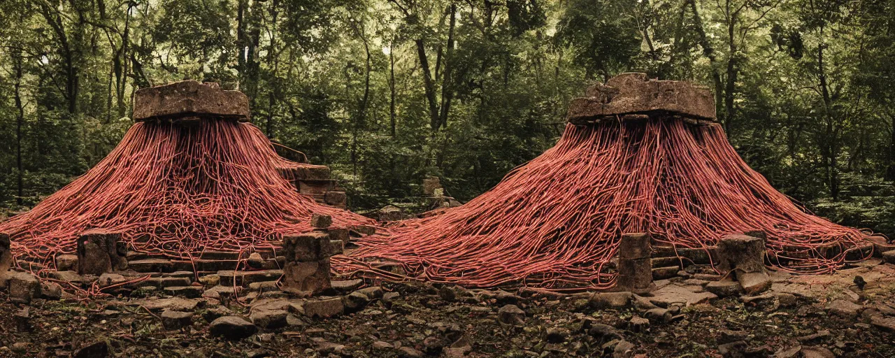 Prompt: an ancient aztec temple in the middle of the forest covered in spaghetti and meatballs, with parmesan cheese, canon 5 0 mm, cinematic lighting, photography, retro, film, kodachrome