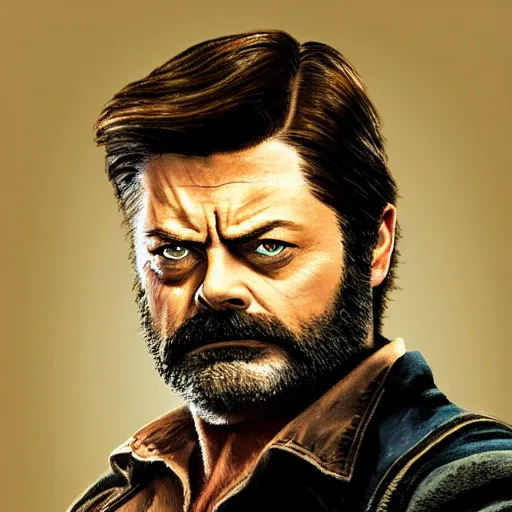 Prompt: logan pictured as nick offerman in wolverine x - men suit, imdb, marvel movie still, detailed 8 k, poster style, deviantart and artstation top picks