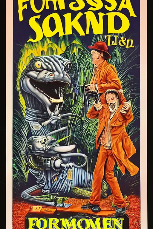 Image similar to poster for the 1 9 8 8 movie'formosan snake oil ', directed by jim jarmusch, starring john lithgow and uncle aloysius, poster by ed roth and basil wolverton ), crisp