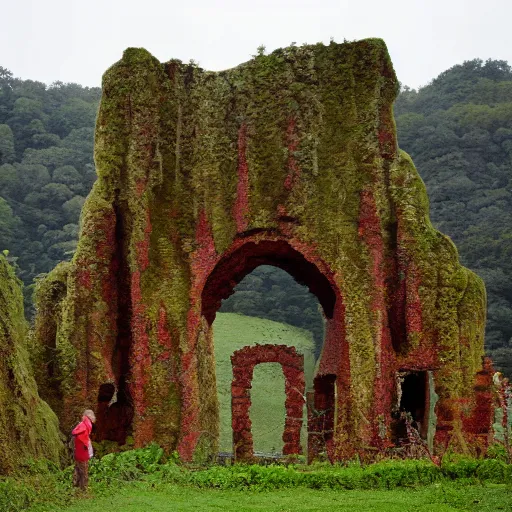 Image similar to the ruins of a giant stone brick village in a breathtaking landscape, red vines and moss growing over everything, a broken stone statue of a man with a red stone sword pointing into the distance