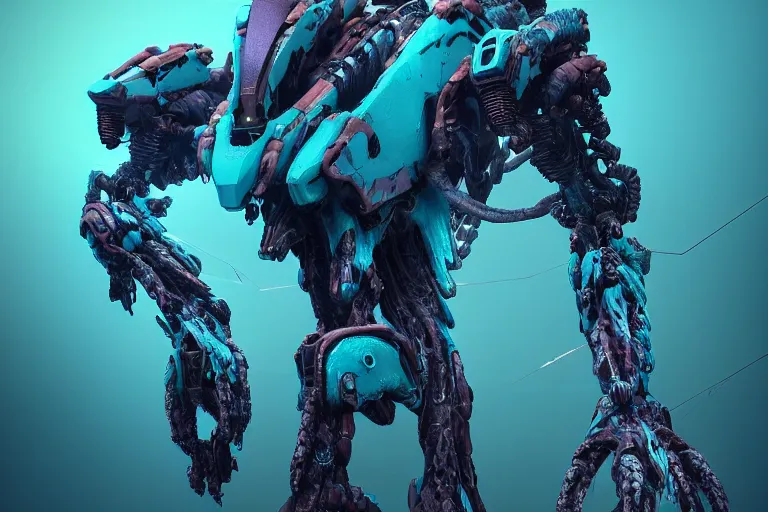 Image similar to portrait of a posed hyper detailed cyan bristleback evangelion realistic mechanical and fleshy organic creature similar look as horizon forbidden west horizon zero dawn, bioluminiscence in a dark deep forest at dawn in spring, with reflection and textures, by kilian eng, substance painter reaslitic mech surface metal painted scratches, horizon forbidden west world