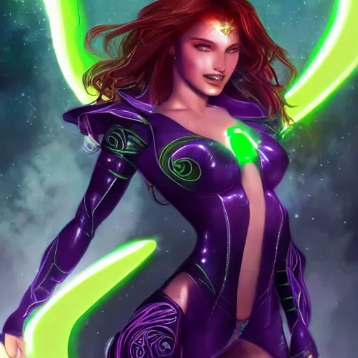 Image similar to ultra realistic illustration, bella thorne as starfire anime with glowing green eyes, intricate, elegant, highly detailed, digital painting, artstation, concept art, smooth, sharp focus, illustration, art by artgerm and greg rutkowski and alphonse mucha