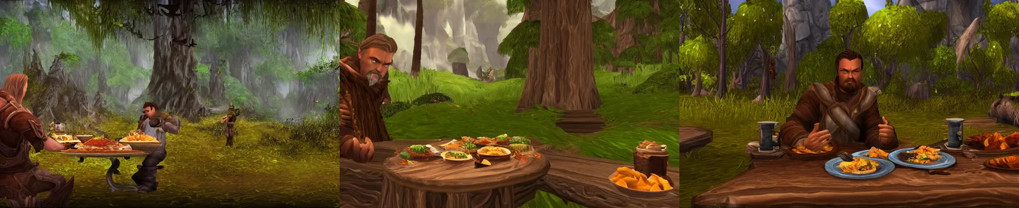 Prompt: leonardo dicaprio eating food inside world of warcraft elwynn forest, pc screen image.