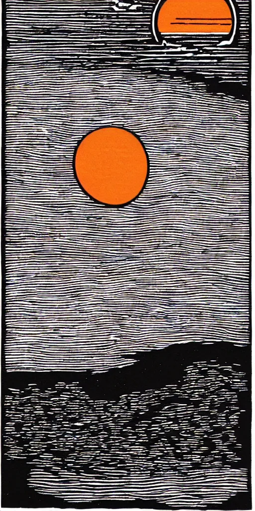 Prompt: the sea of sadness, a circular black void in the sea, a line of orange sunset, crushing despair, two color woodcut print