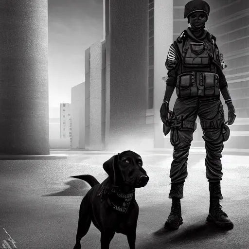 Image similar to black and white female soldier with sniffer dog exploring urban environment, concept art trending on art station 4k award-winning unreal engine