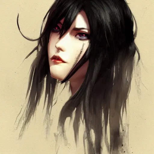 Image similar to female human vampire witch in the style of greg rutkowski, makoto shinkai, trending on artstation, character design, concept art, pretty face, highly detailed, long black hair, portrait, digital art