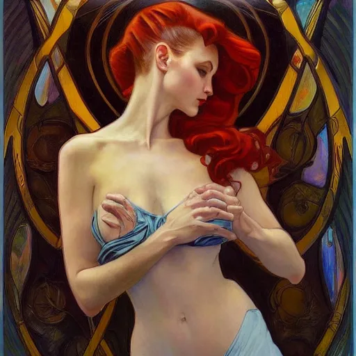 Image similar to a streamline moderne painting in the style of donato giancola, and in the style of charlie bowater, and in the style of alphonse mucha. symmetry, smooth, sharp focus, semi - realism, intricate detail.