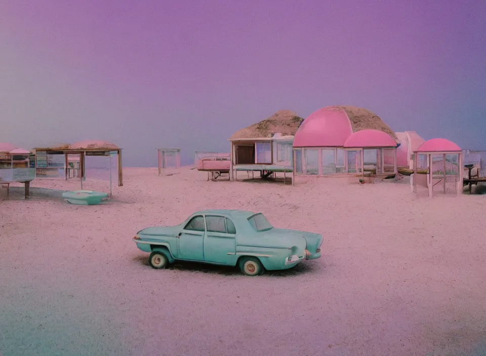 Image similar to a pastel coloured vintage family holiday photo of an empty beach from an alien dreamstate world with chalky pink iridescent!! sand, reflective lavender ocean water, dim bioluminescent plant life and an igloo shaped shiny plastic transparent multi storey car park. glare. refraction, volumetric light.