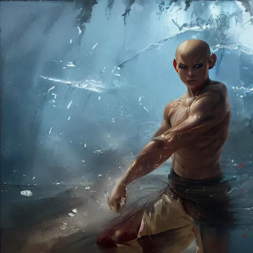 Prompt: avatar aang in water bending, jeremy mann painting