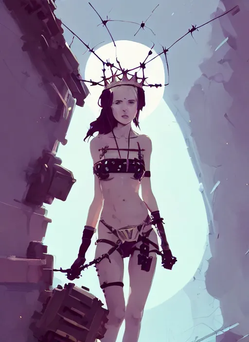 Image similar to portrait of cute maiden girl with crown of thorns, dressed in belts bikini, warhammer, cyberpunk, by atey ghailan, by greg rutkowski, by greg tocchini, by james gilleard, by joe gb fenton, by kaethe butcher, dynamic lighting, gradient light blue, brown, blonde cream and white color in scheme, grunge aesthetic