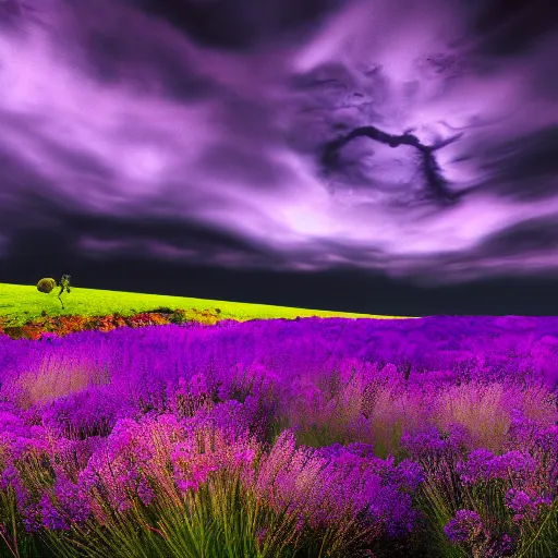 Image similar to Landscape photo of beautiful alien world, with purple skies and large flowers, wallpaper, 8k, award winning photo