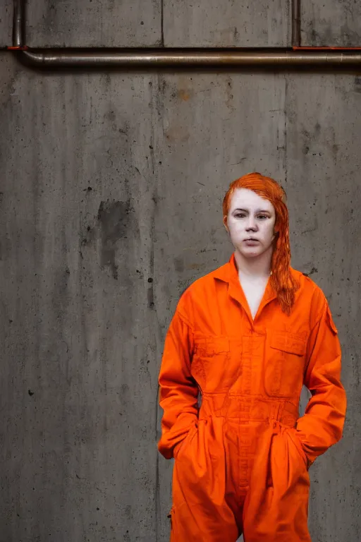 Image similar to portrait photo of a teenage girl in an orange jumpsuit. Bright orange, natural hair, freckles. In an industrial environment. Shallow depth of field. Dramatic lighting. Low light. Highly detailed.