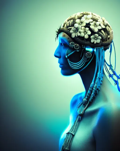 Image similar to hyperrealistic award winning photo of a tribal cyberpunk woman wearing ivory carved skull as helmet with blue and white flowers growing out of the skull by beeple