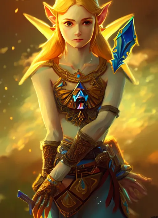 Image similar to zelda with triforce, fantasy, intricate, elegant, highly detailed, digital painting, artstation, concept art, wallpaper, smooth, sharp focus, illustration, art by wlop