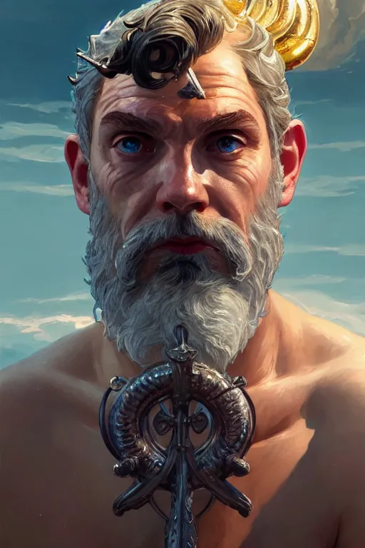 Image similar to highly detailed close up portrait of god poseidon holding a trident in gta v, stephen bliss, unreal engine, fantasy art by greg rutkowski, rhads, ferdinand knab, makoto shinkai and lois van baarle, ilya kuvshinov, rossdraws, tom bagshaw, global illumination, radiant light, detailed and intricate environment
